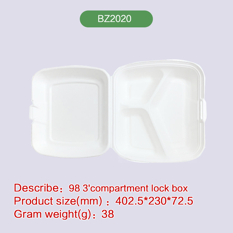 98'' 3-com Clamshell hinge hamburger box  Biodegradable disposable compostable bagasse pulp-BZ2020