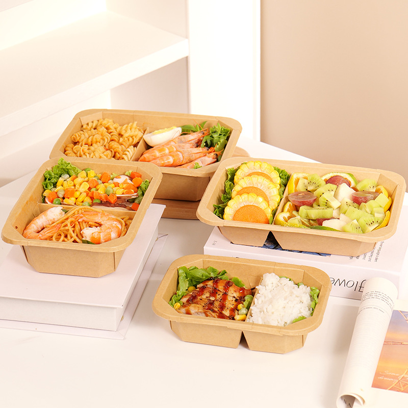 Disposable kraft paper lunch box, rectangular octagonal bowl, microwaveable, convex lid