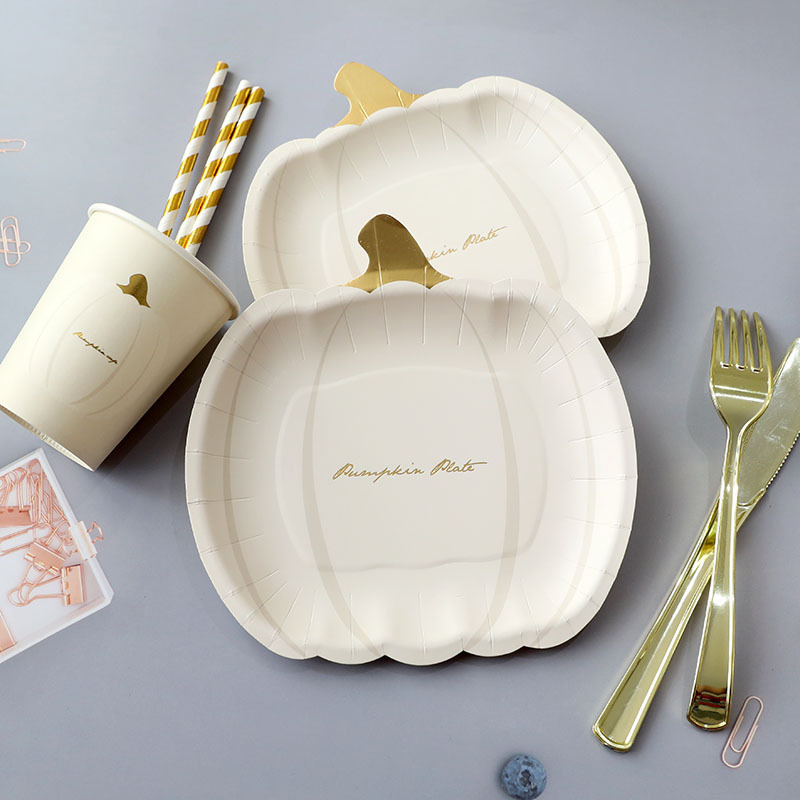 Custom Edition — Sugarcane Bagasse Pumpkin Paper Plates & Disposable Paper Cups with Gold-Foil Stamp