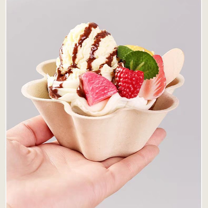Eco-friendly disposable pulp bowl (180ml petal-shaped)—suitable for ice cream, hot milk-soaked cakes